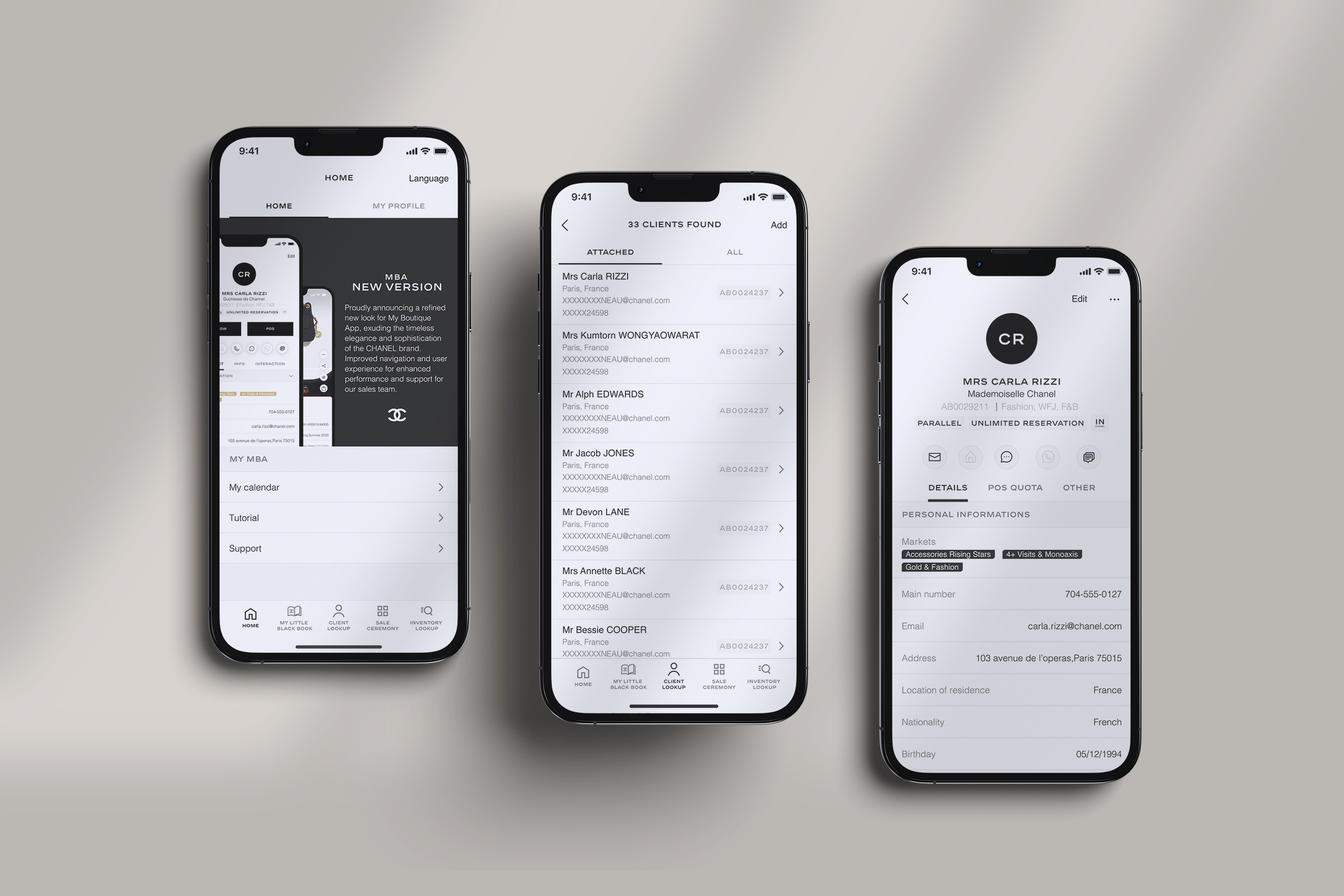 Home, client list and client record
